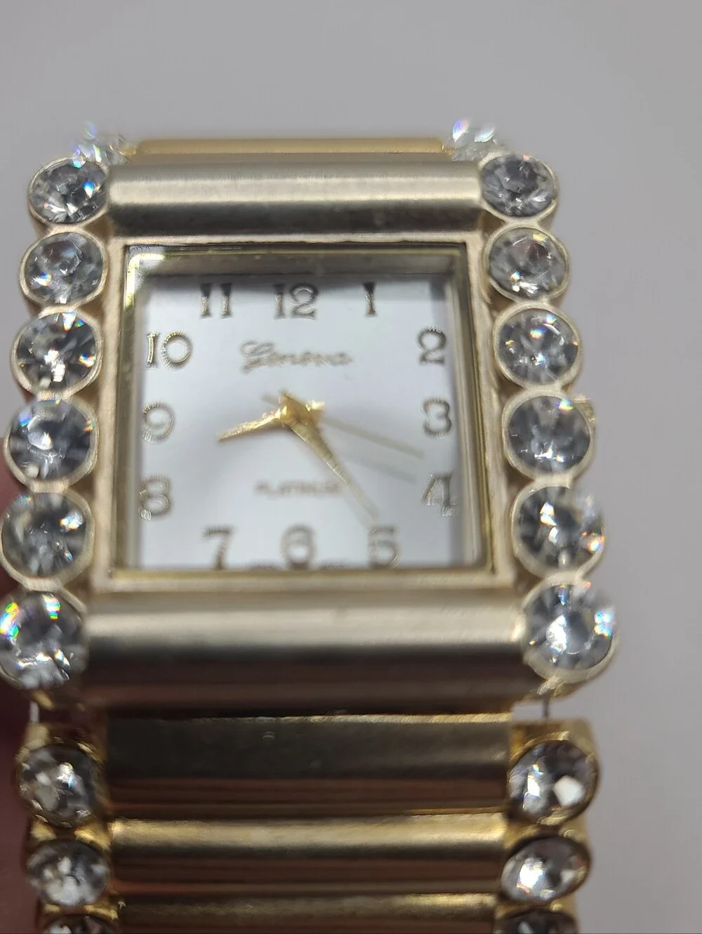 Geneva Gold Tone Rhinestone Cuff Bracelet Watch